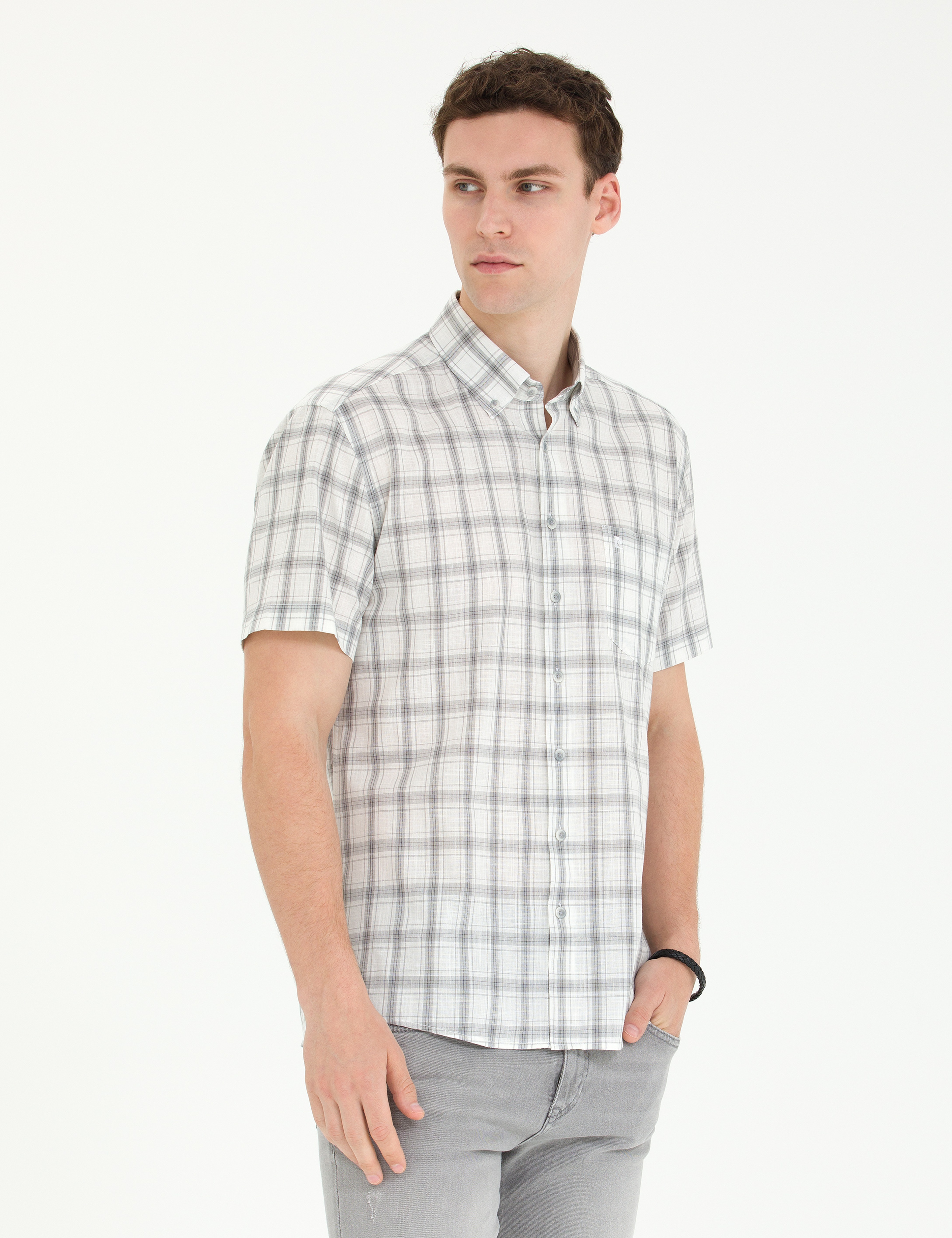 Gri Regular Fit Kısa Kollu Gömlek - Image 3