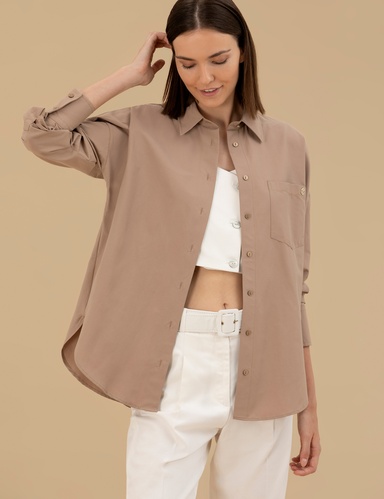 Camel Oversize Uzun Kollu Gömlek