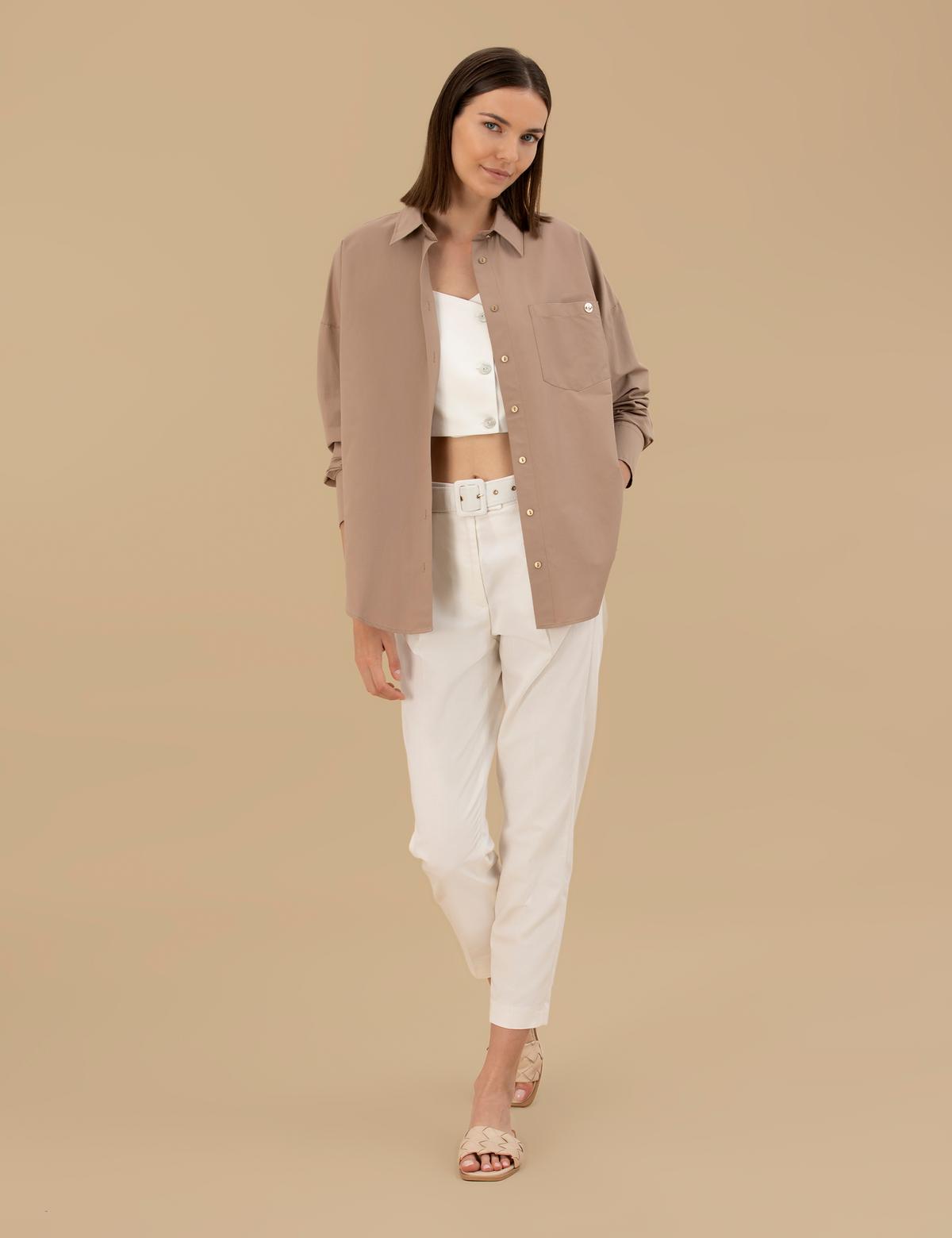 Camel Oversize Uzun Kollu Gömlek - 50262540036