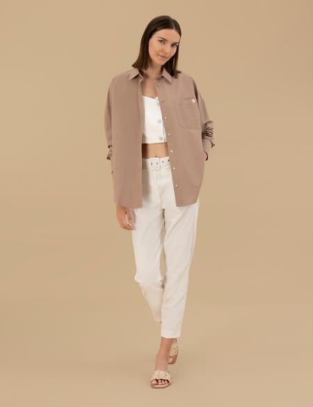 Camel Oversize Uzun Kollu Gömlek - 50262540036