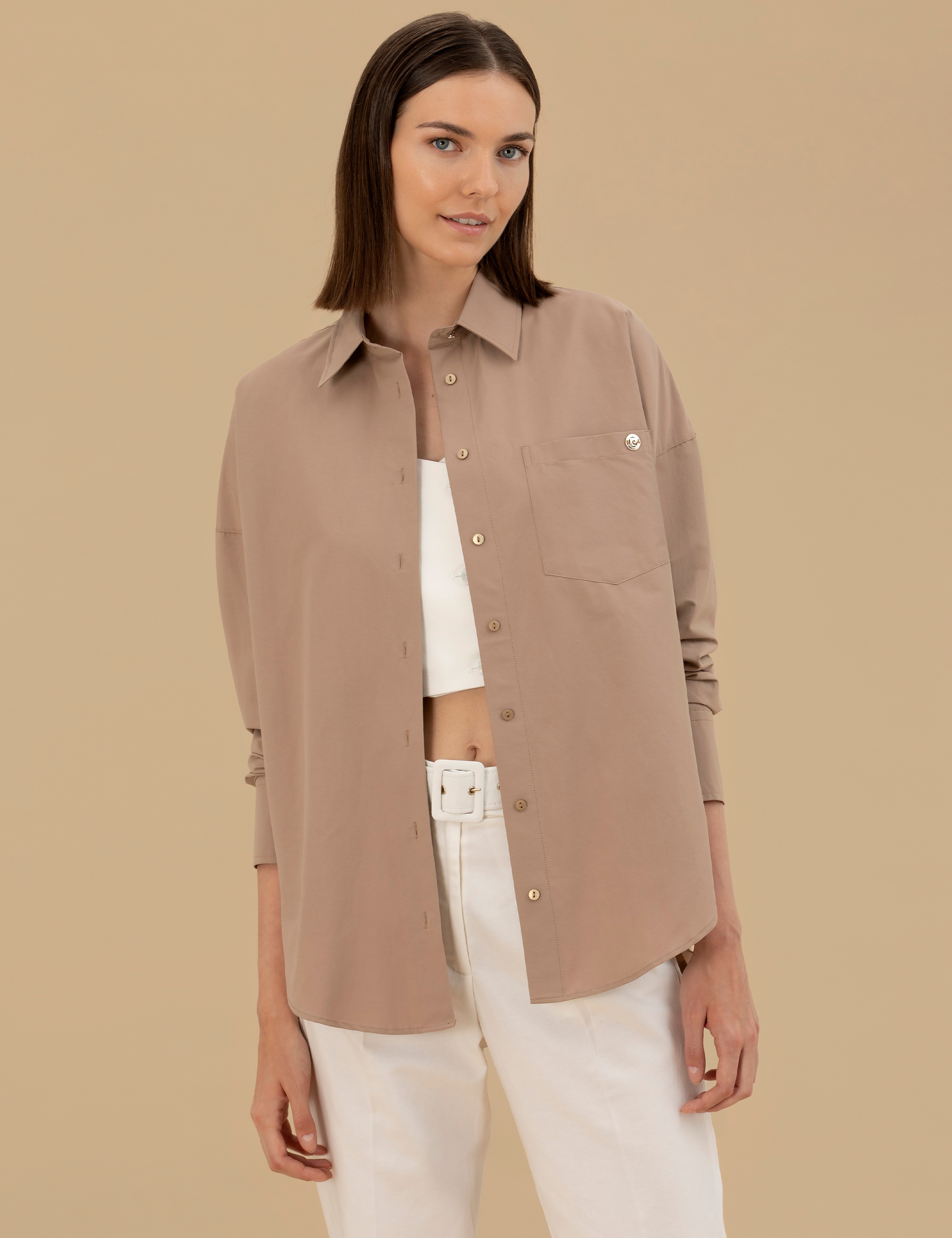 Camel Oversize Uzun Kollu Gömlek
