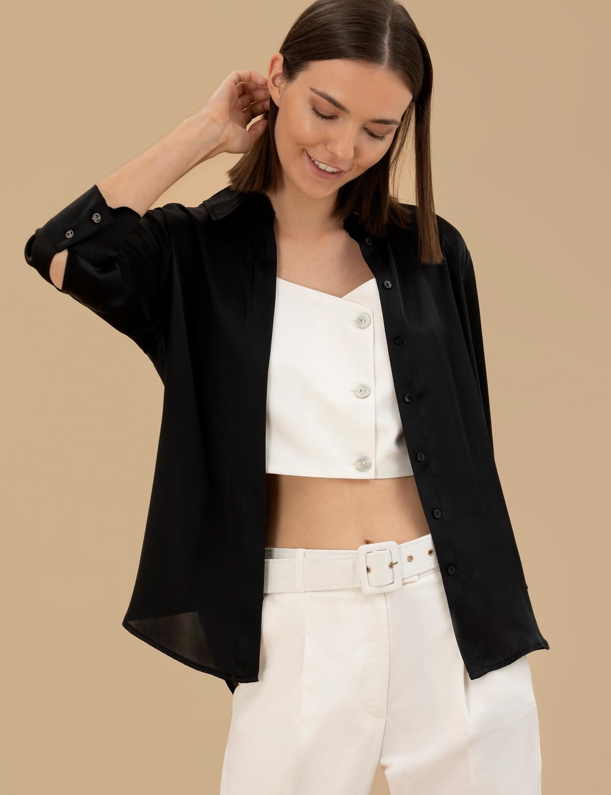 Siyah Comfort Fit Saten Gömlek - 50262890026