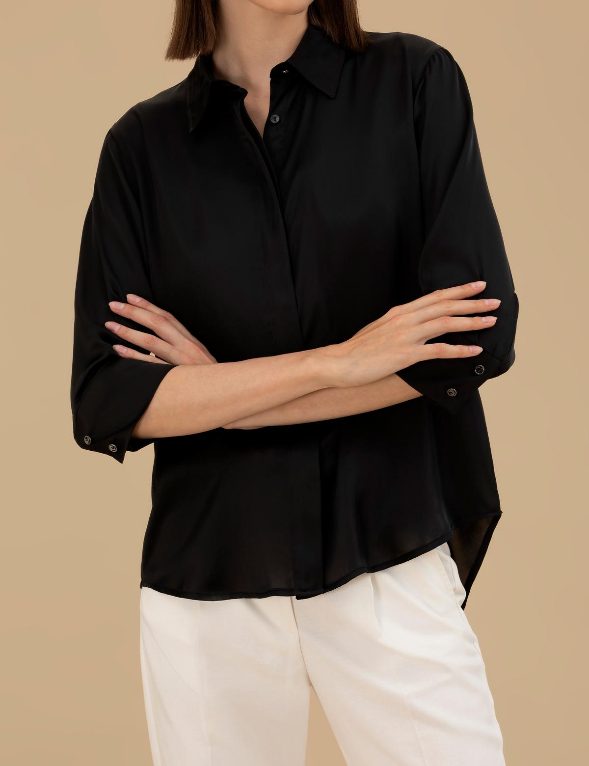 Siyah Comfort Fit Saten Gömlek - 50262890026