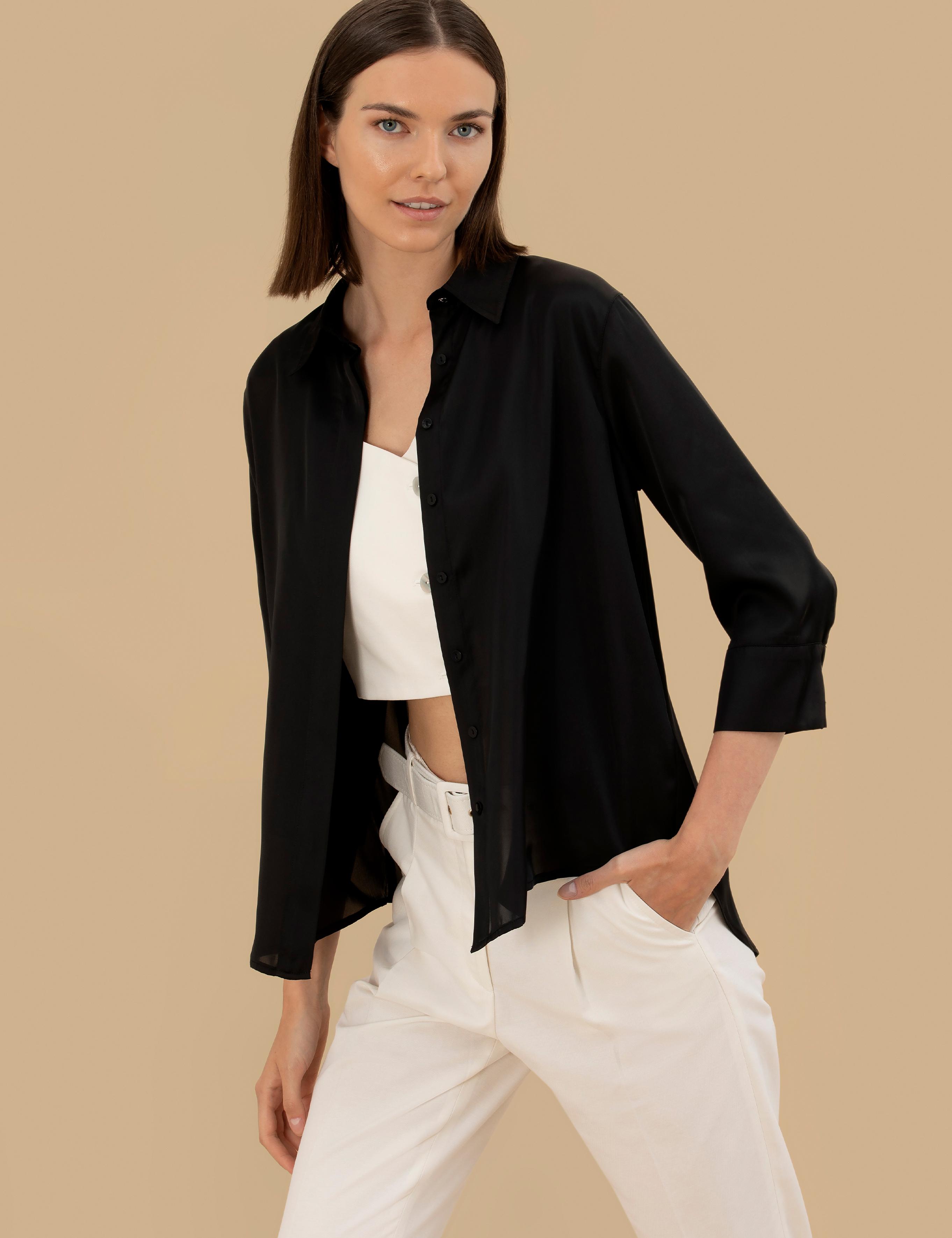 Siyah Comfort Fit Saten Gömlek