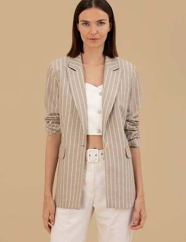 Bej Keten Karışımlı Comfort Fit Ceket