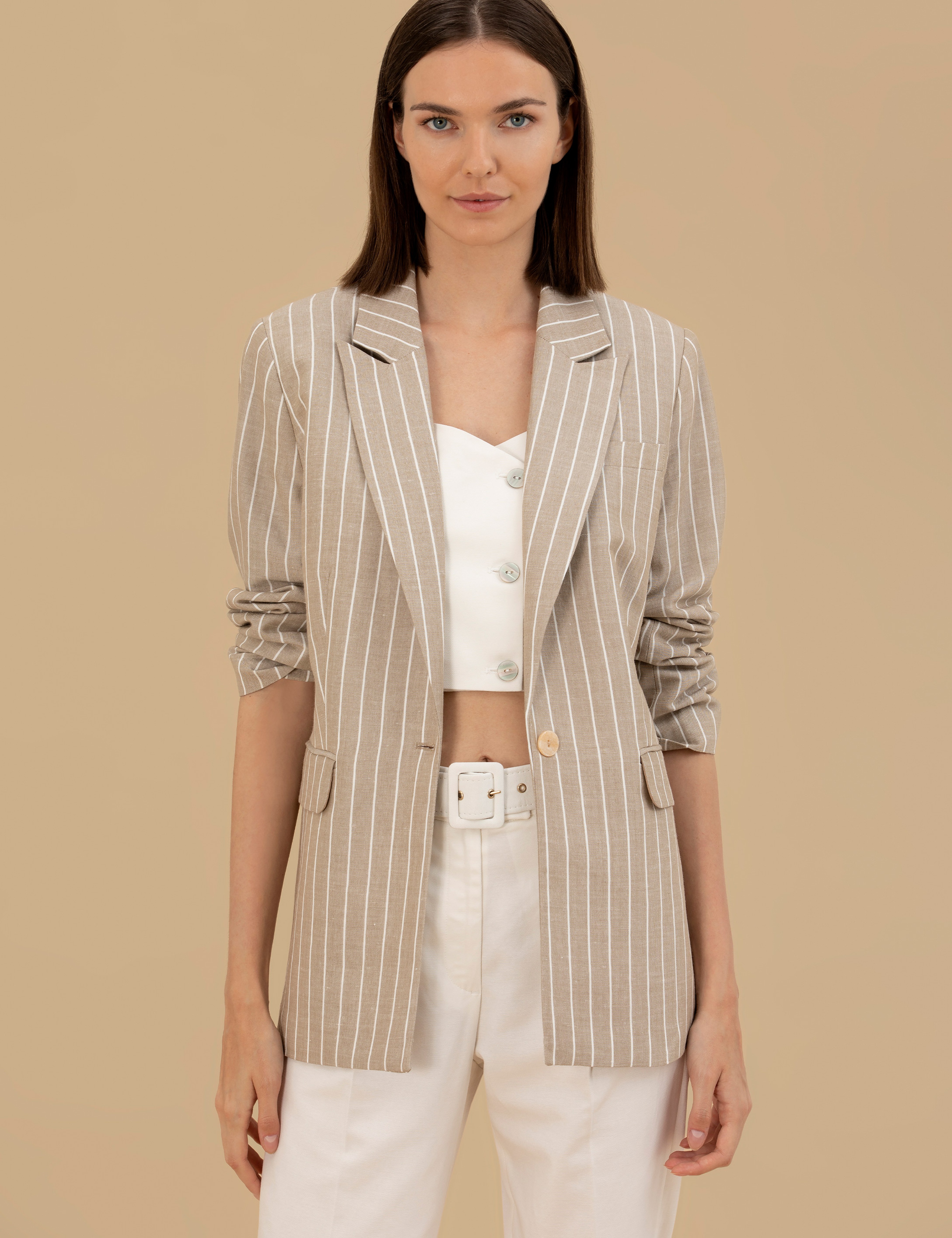 Bej Keten Karışımlı Comfort Fit Ceket - Image 3