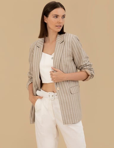 Bej Keten Karışımlı Comfort Fit Ceket