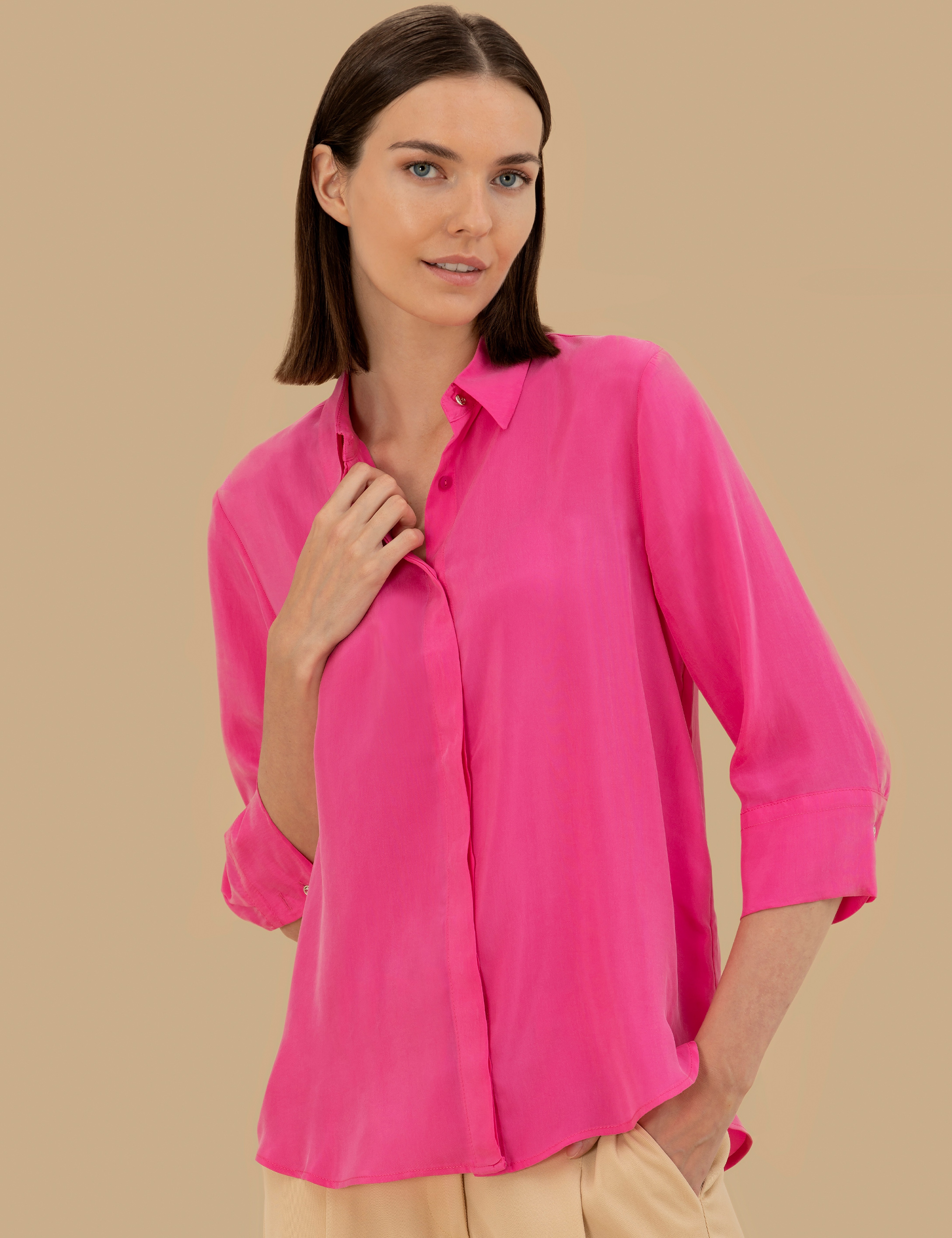 Fuşya Cupro Comfort Fit Uzun Kollu Gömlek - Image 4