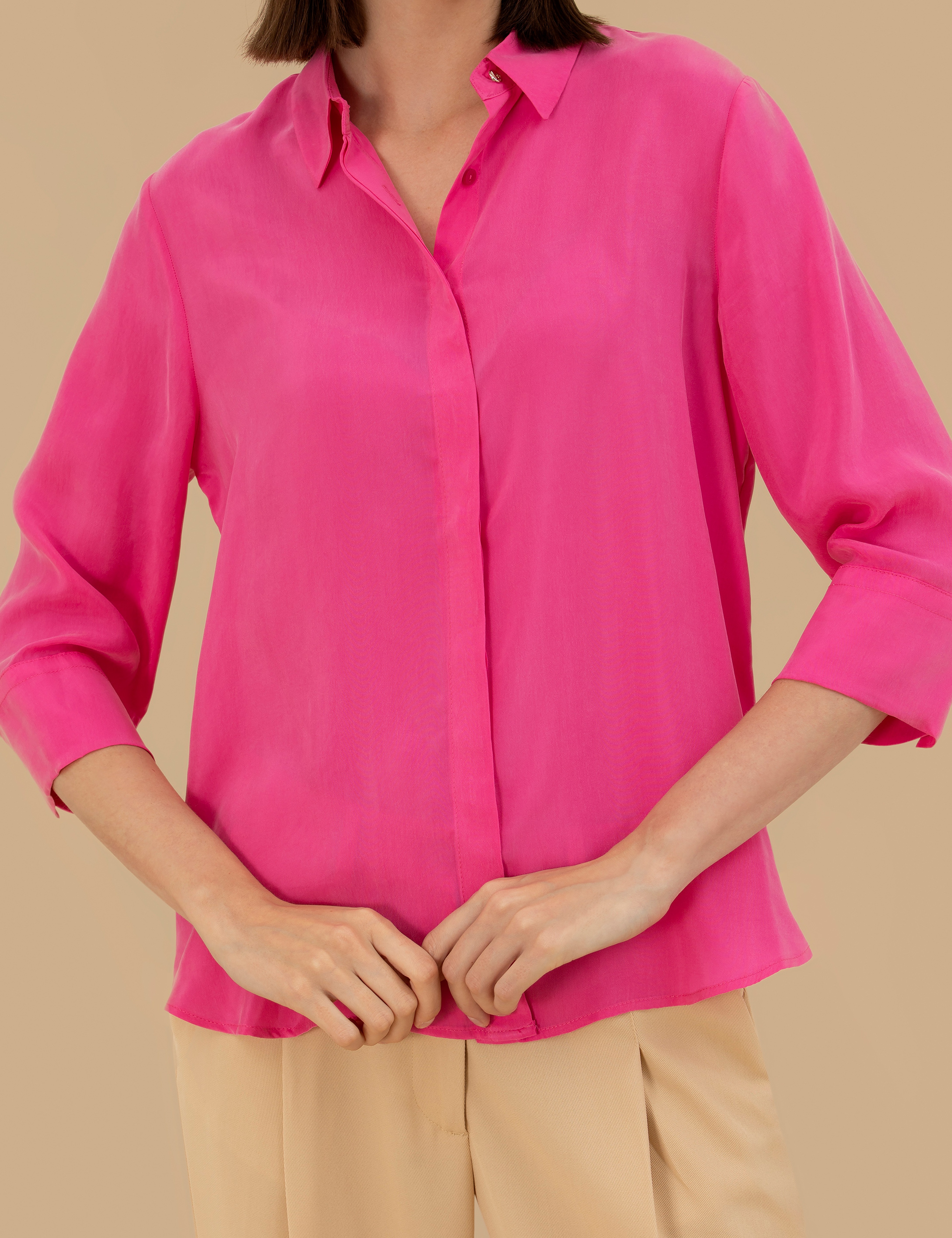 Fuşya Cupro Comfort Fit Uzun Kollu Gömlek - Image 6