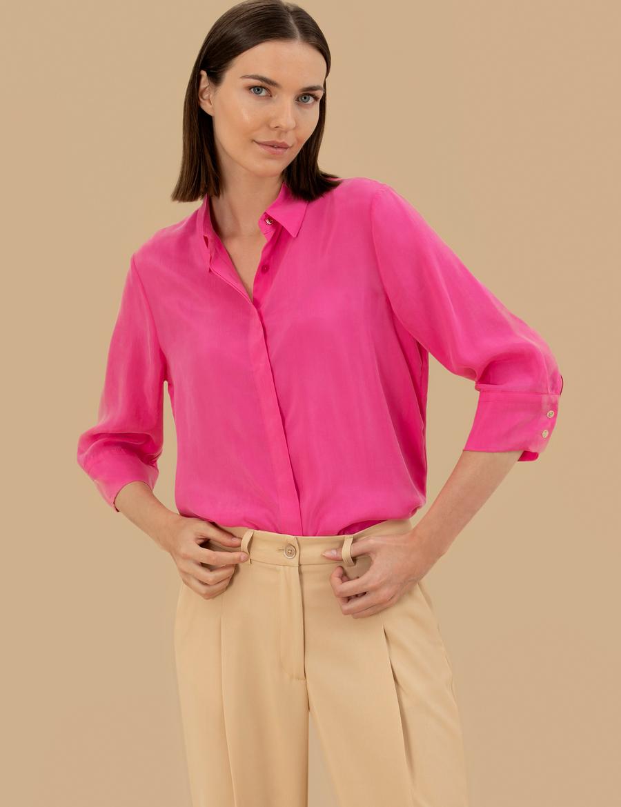 Fuşya  Cupro Comfort Fit Uzun Kollu Gömlek