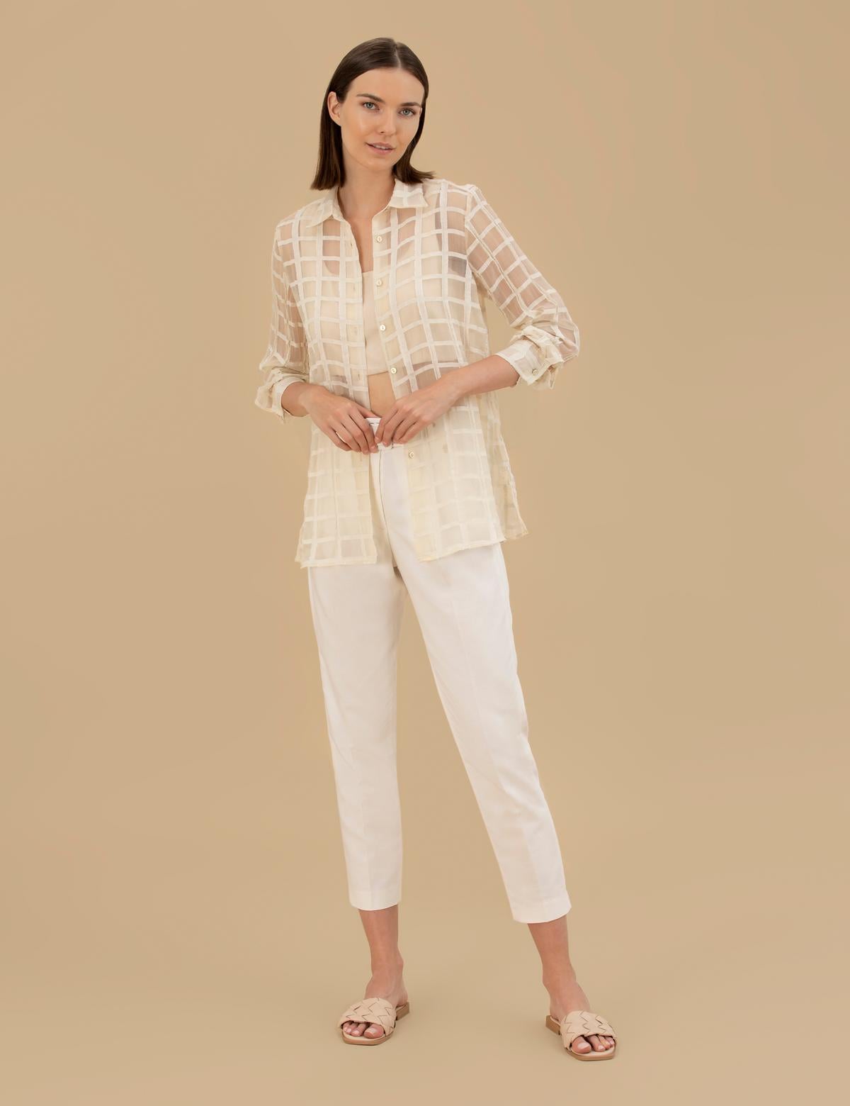 Krem  Transparan Comfort Fit Uzun Kollu Gömlek - 50262542018