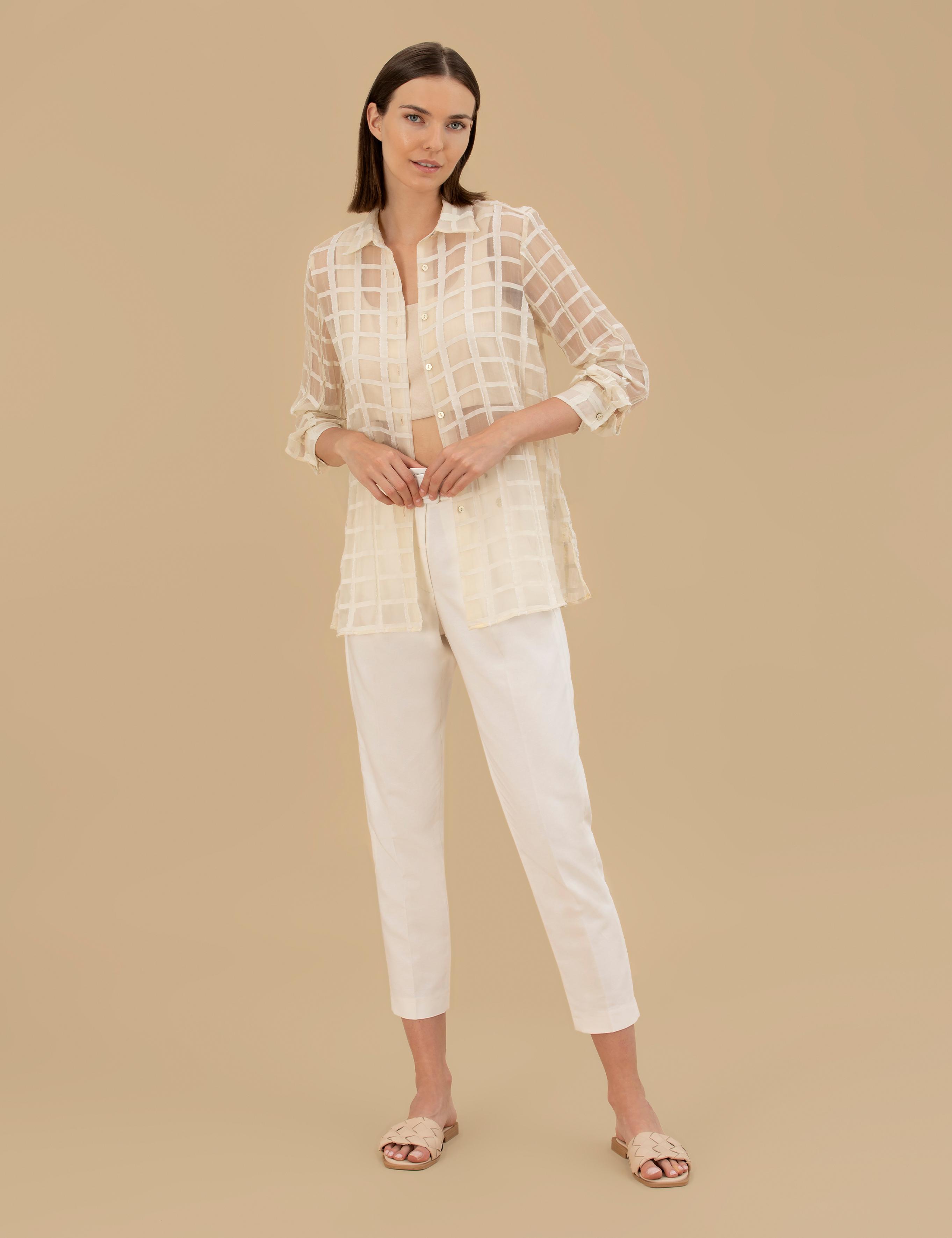 Krem  Transparan Comfort Fit Uzun Kollu Gömlek