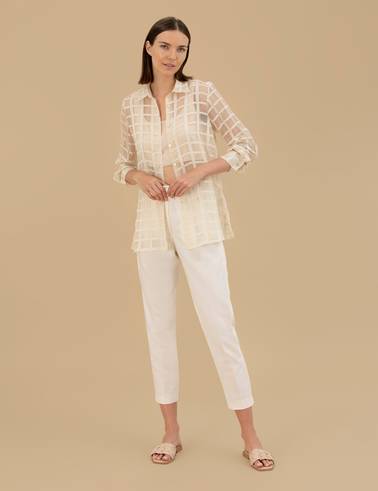 Krem  Transparan Comfort Fit Uzun Kollu Gömlek