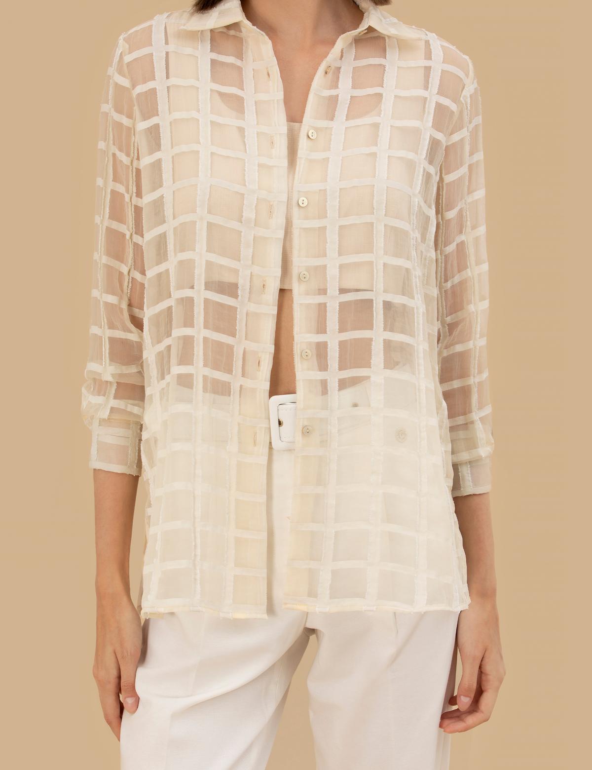 Krem  Transparan Comfort Fit Uzun Kollu Gömlek - 50262542018