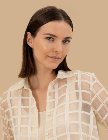 Krem  Transparan Comfort Fit Uzun Kollu Gömlek