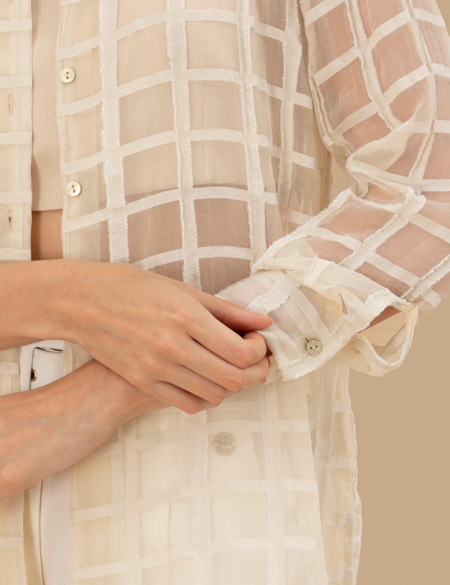 Krem  Transparan Comfort Fit Uzun Kollu Gömlek