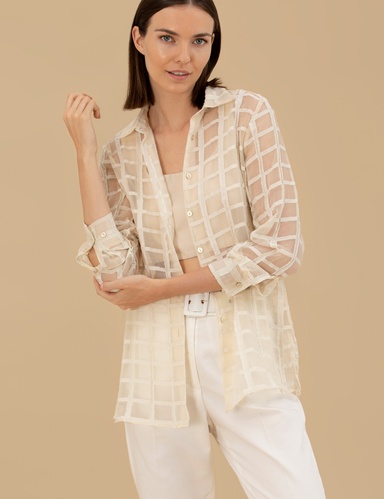 Krem  Transparan Comfort Fit Uzun Kollu Gömlek