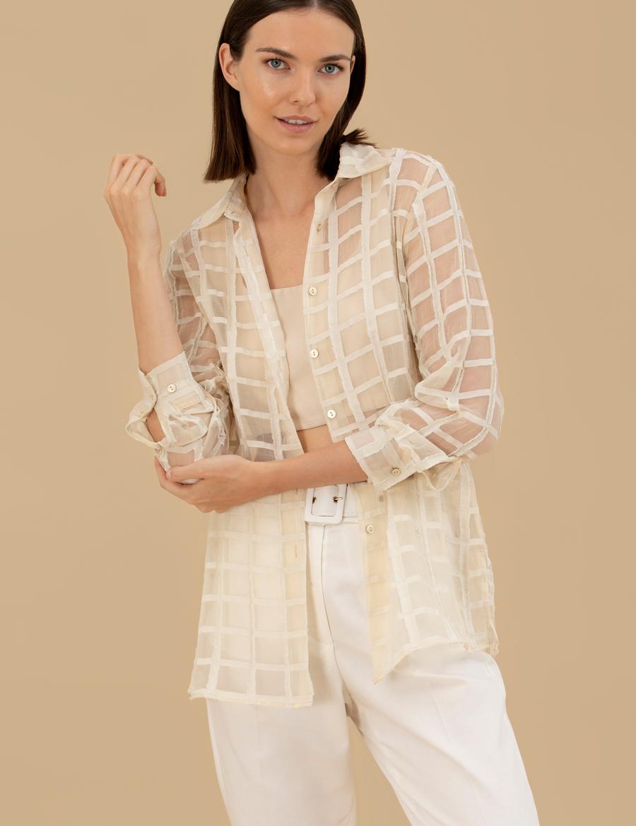 Krem  Transparan Comfort Fit Uzun Kollu Gömlek