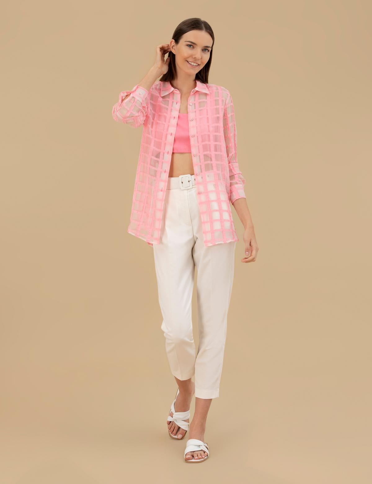 Pembe Transparan Comfort Fit Uzun Kollu Gömlek - 50262542035