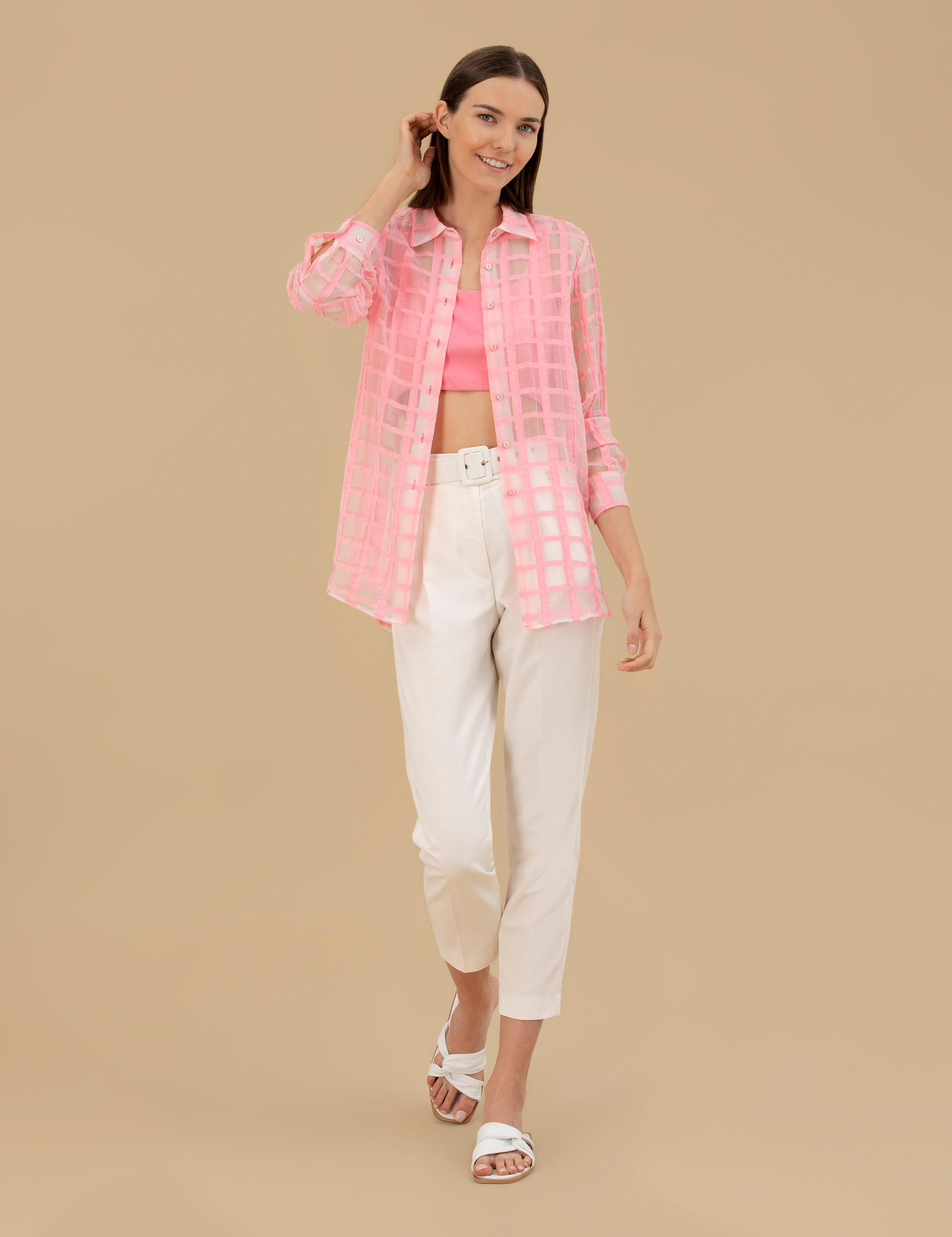 Pembe Transparan Comfort Fit Uzun Kollu Gömlek