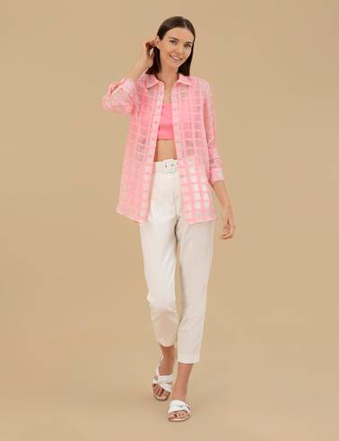 Pembe Transparan Comfort Fit Uzun Kollu Gömlek
