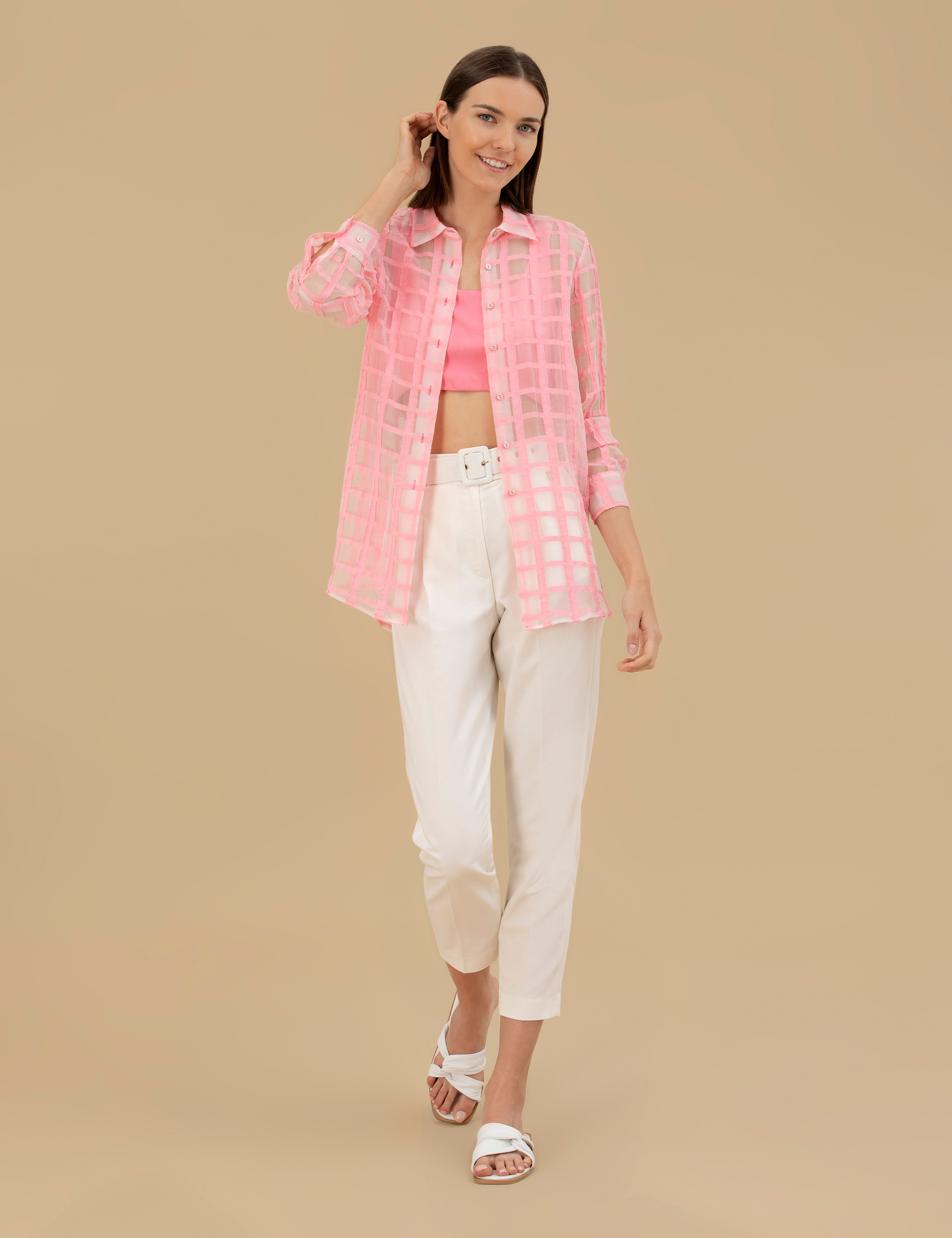 Pembe Transparan Comfort Fit Uzun Kollu Gömlek - Image 4