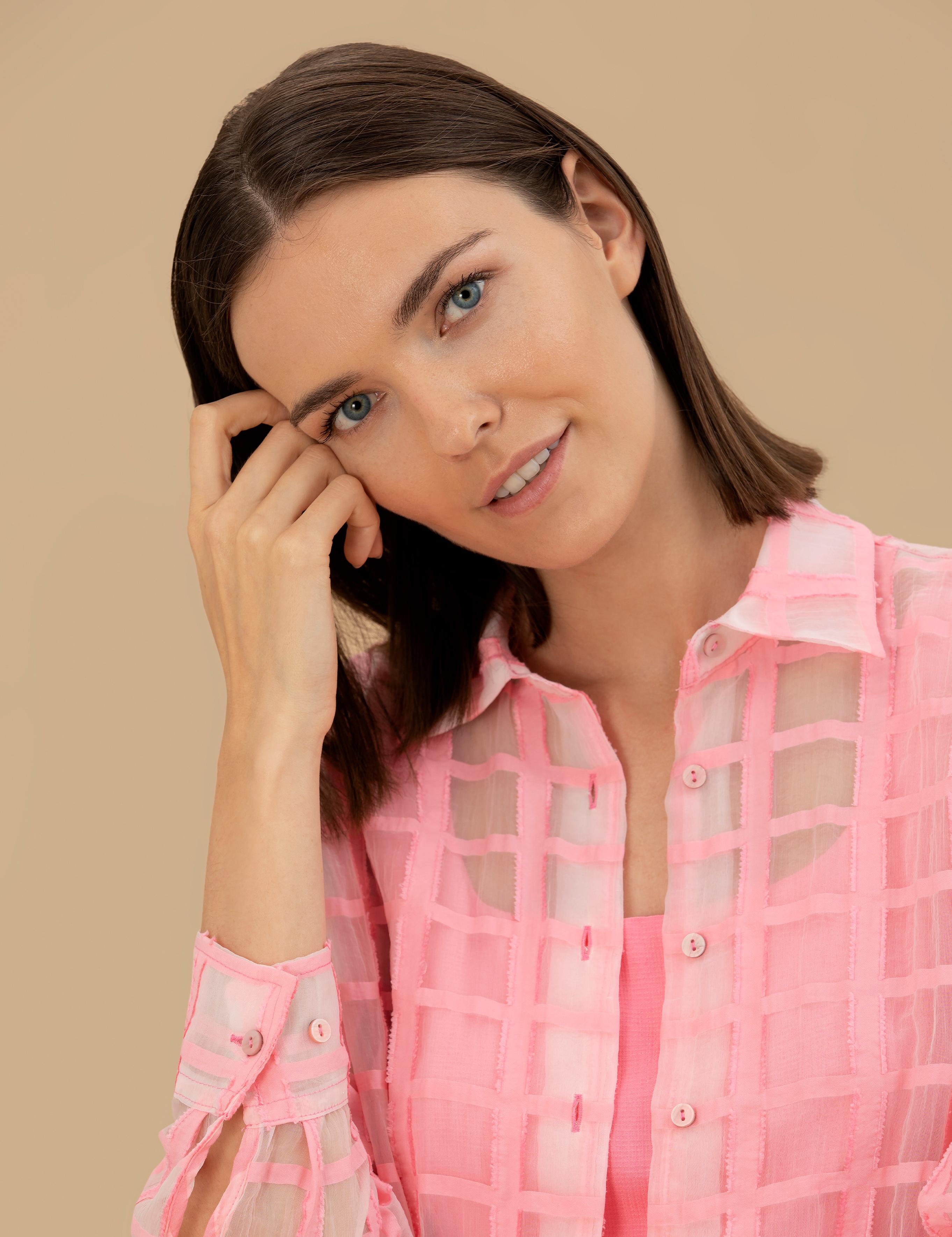 Pembe Transparan Comfort Fit Uzun Kollu Gömlek