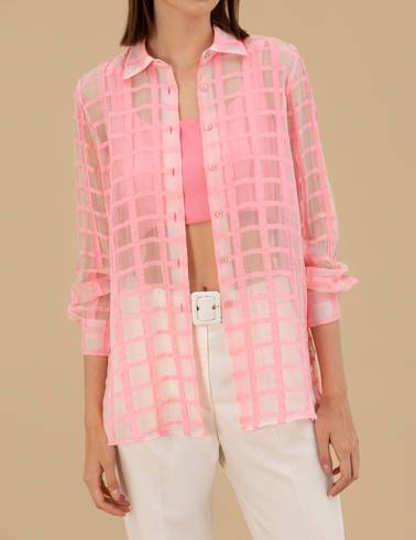 Pembe Transparan Comfort Fit Uzun Kollu Gömlek