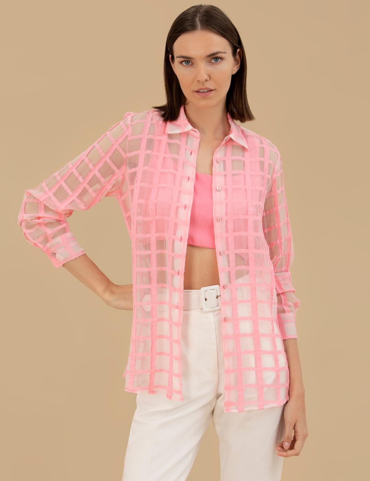 Pembe Transparan Comfort Fit Uzun Kollu Gömlek - 50262542035