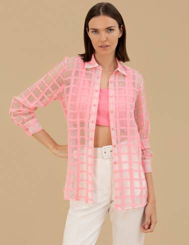 Pembe Transparan Comfort Fit Uzun Kollu Gömlek