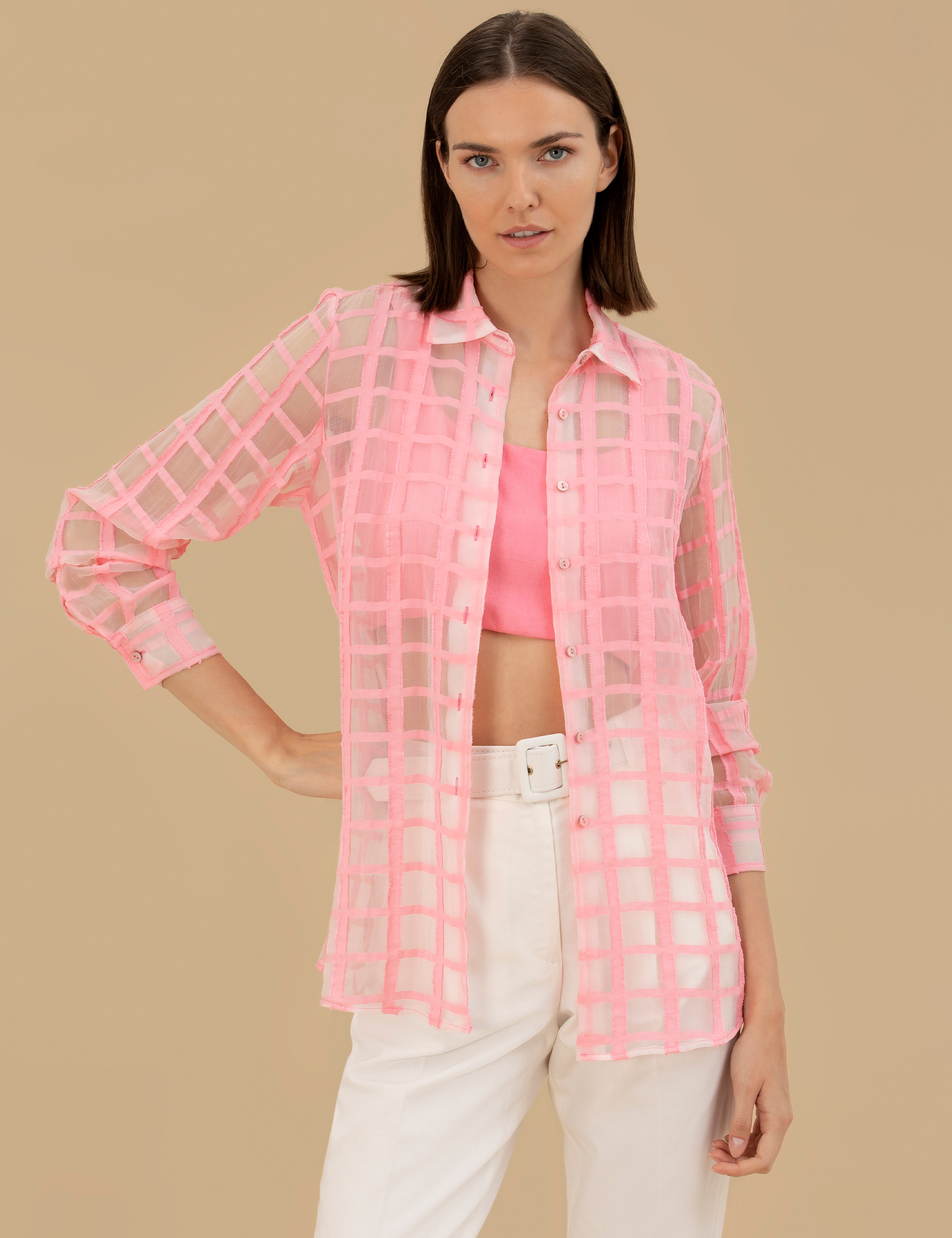 Pembe Transparan Comfort Fit Uzun Kollu Gömlek - Image 3