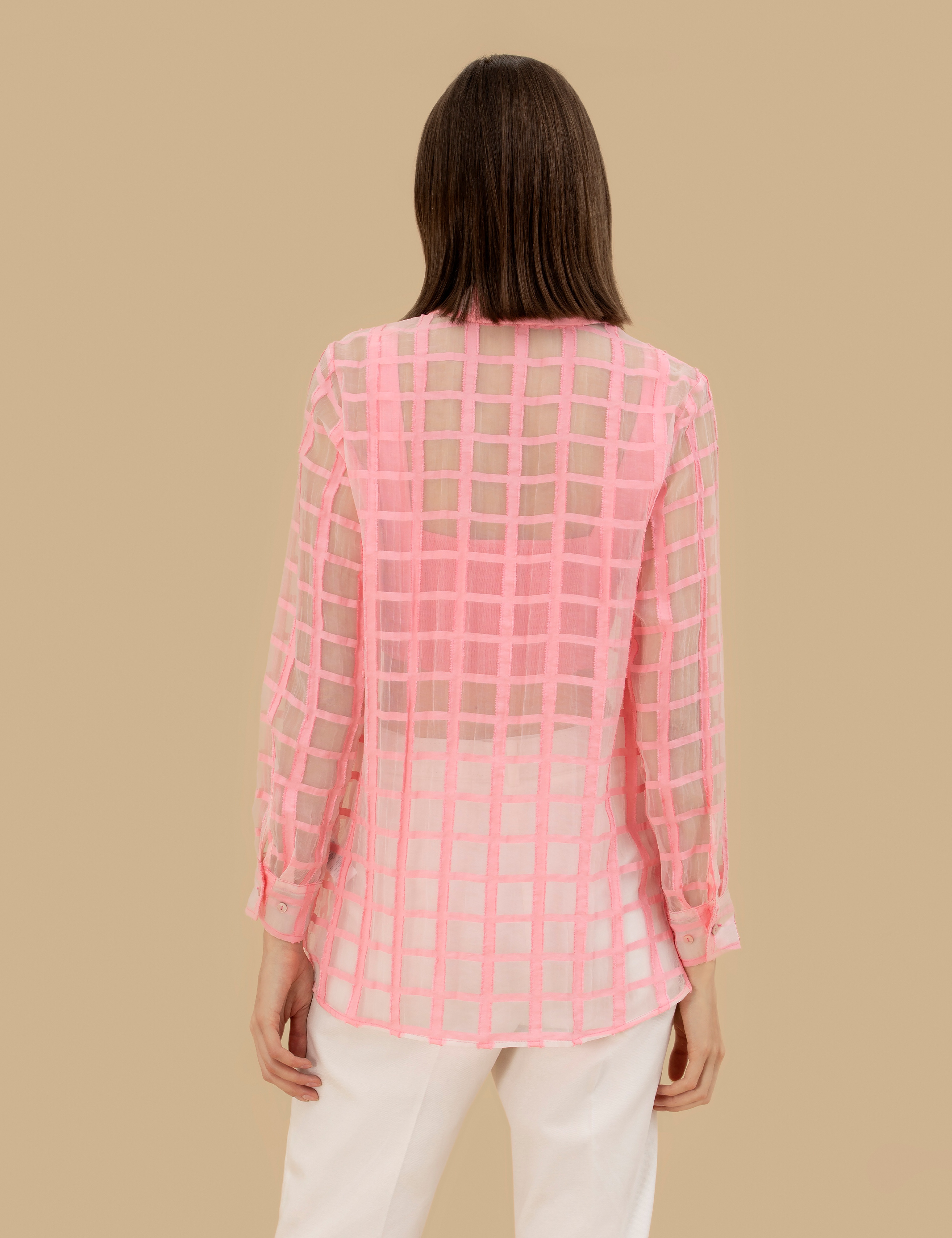Pembe Transparan Comfort Fit Uzun Kollu Gömlek - Image 5
