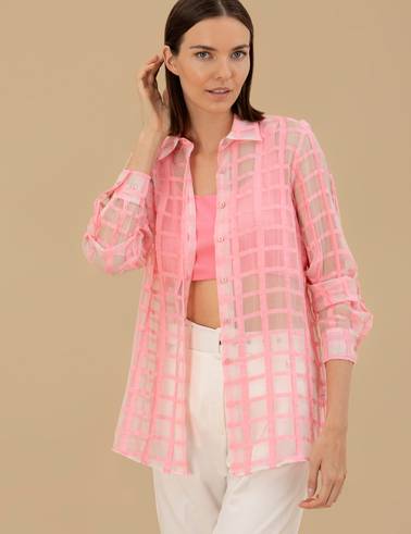 Pembe Transparan Comfort Fit Uzun Kollu Gömlek