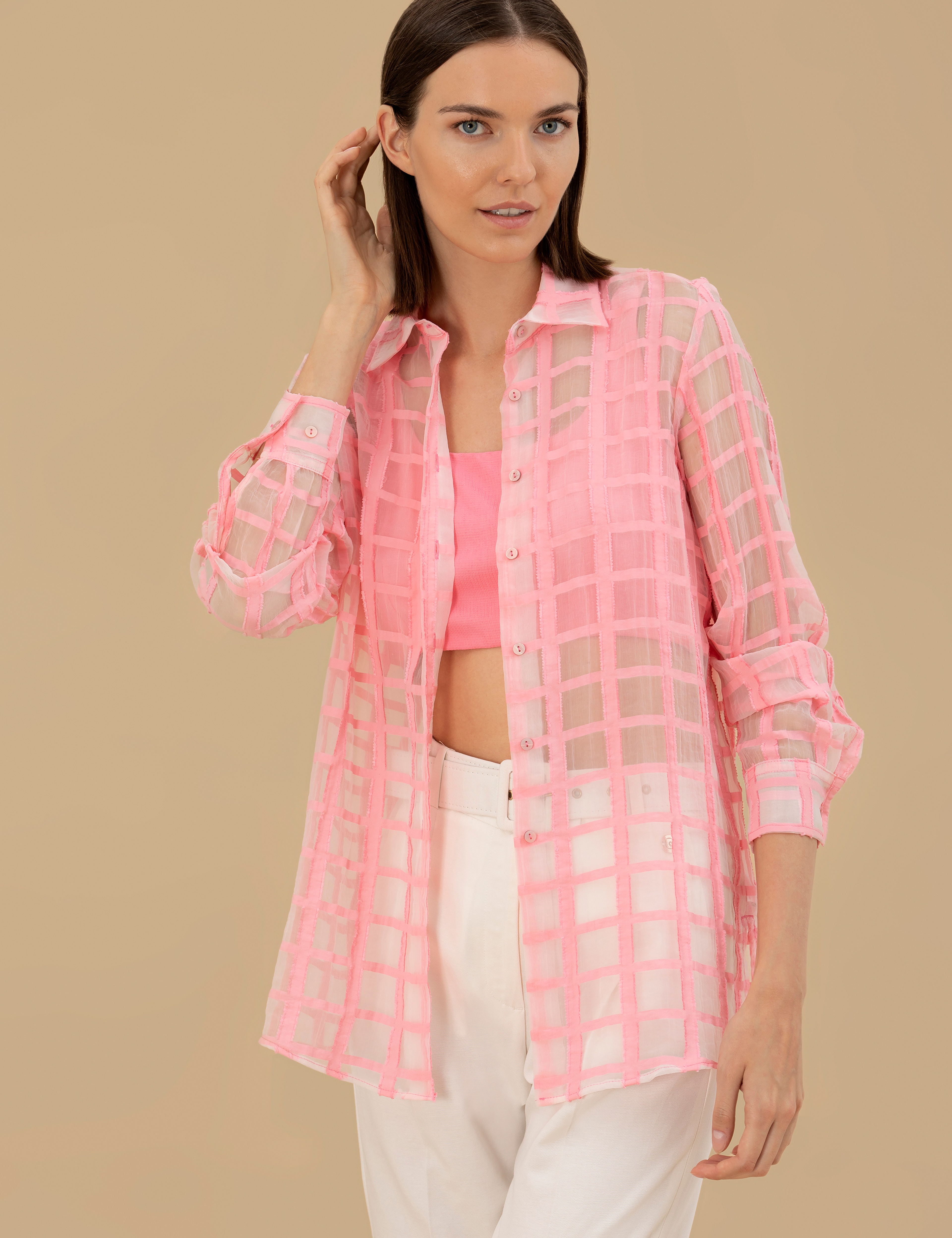 Pembe Transparan Comfort Fit Uzun Kollu Gömlek - Image 1