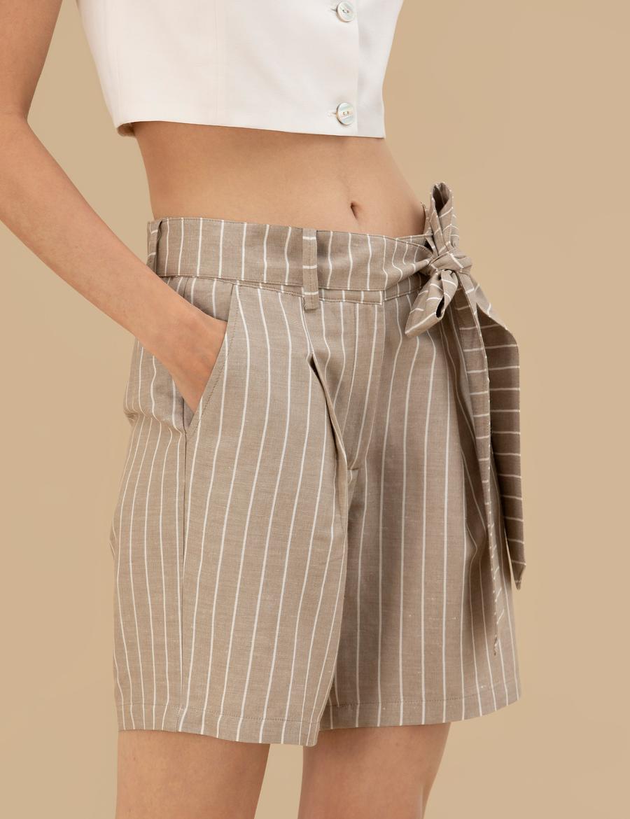 Bej Keten Karışımlı Bermuda Şort