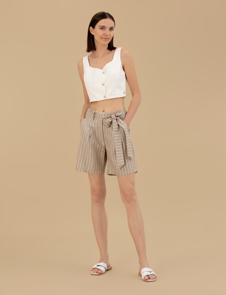 Bej Keten Karışımlı Bermuda Şort