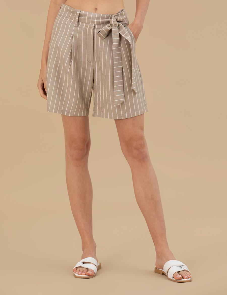 Bej Keten Karışımlı Bermuda Şort