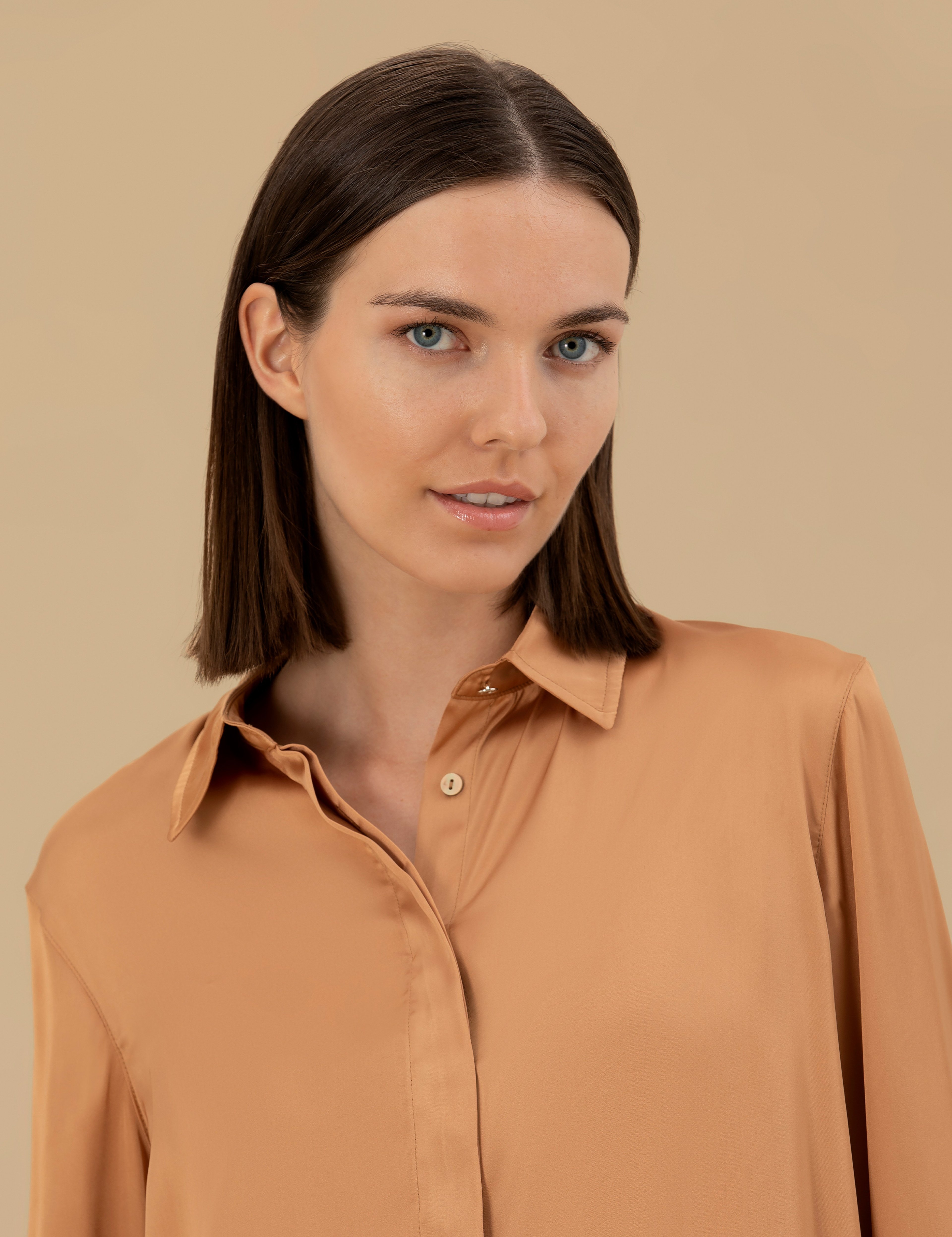 Kahverengi Comfort Fit Saten Gömlek - Image 3