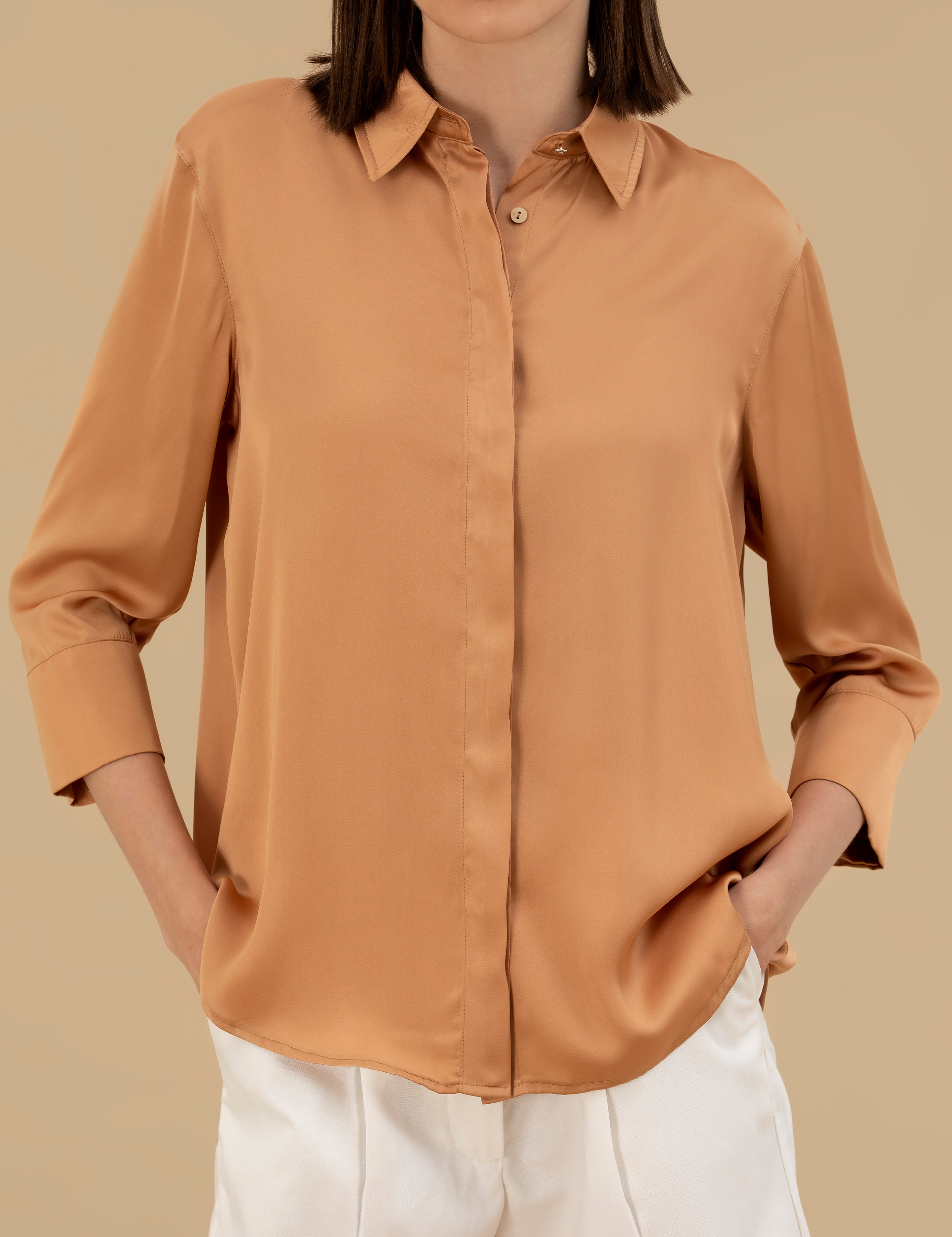 Kahverengi Comfort Fit Saten Gömlek - Image 6