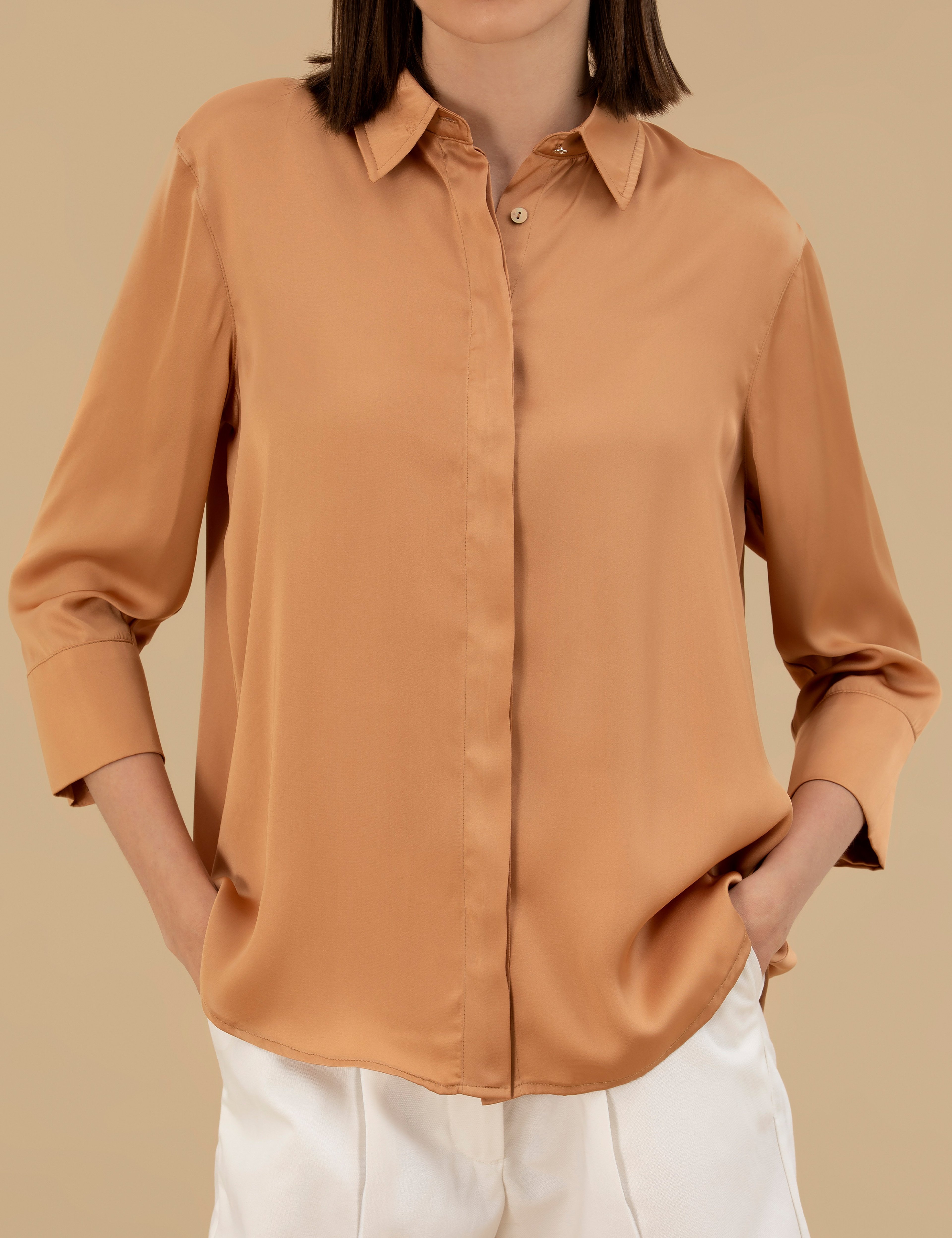 Kahverengi Comfort Fit Saten Gömlek