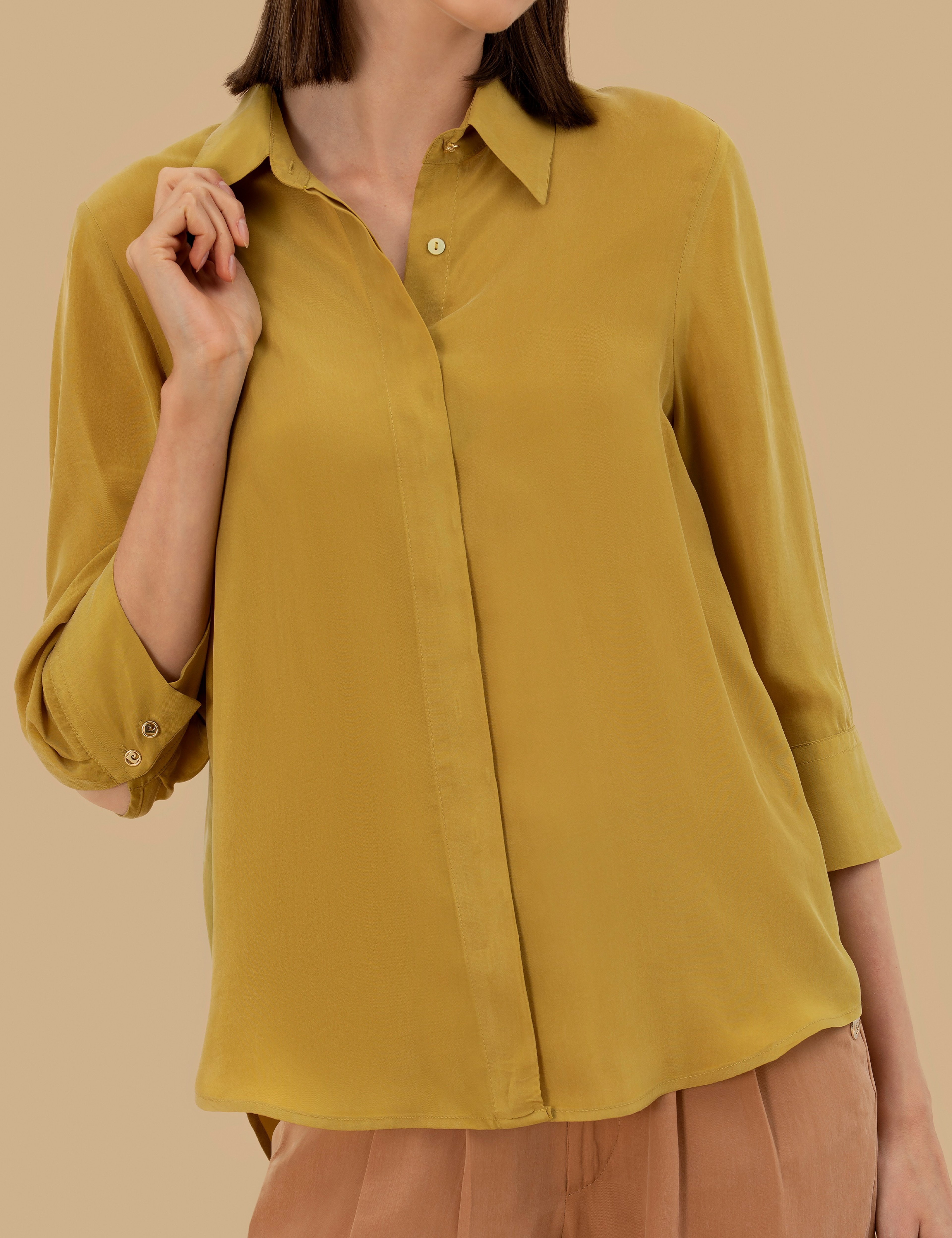 Yeşil  Cupro Comfort Fit Uzun Kollu Gömlek - Image 6