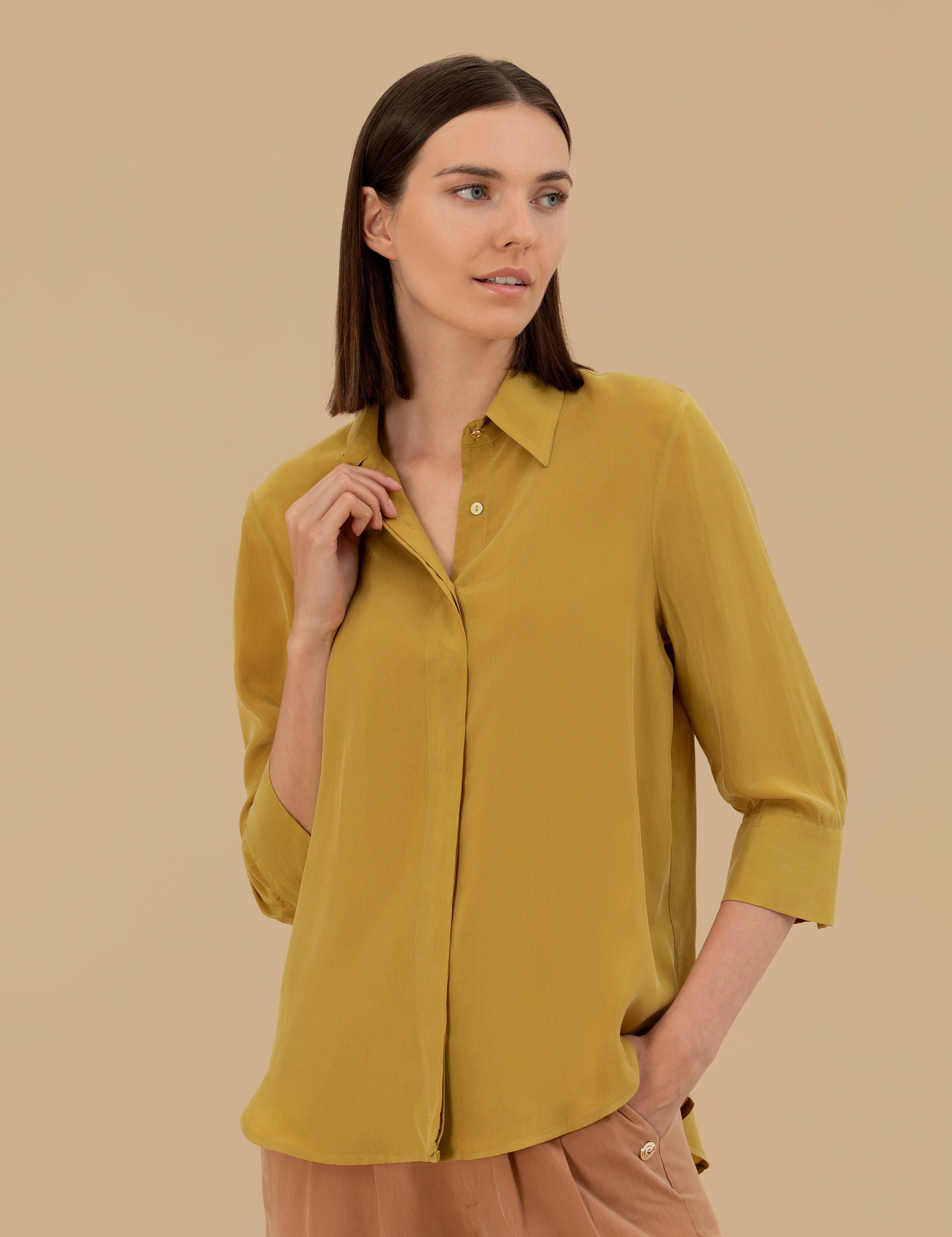 Yeşil  Cupro Comfort Fit Uzun Kollu Gömlek - Image 3