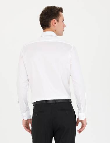 Beyaz %100 Pamuk Parlak Saten Slim Fit Uzun Kollu Basic Gömlek