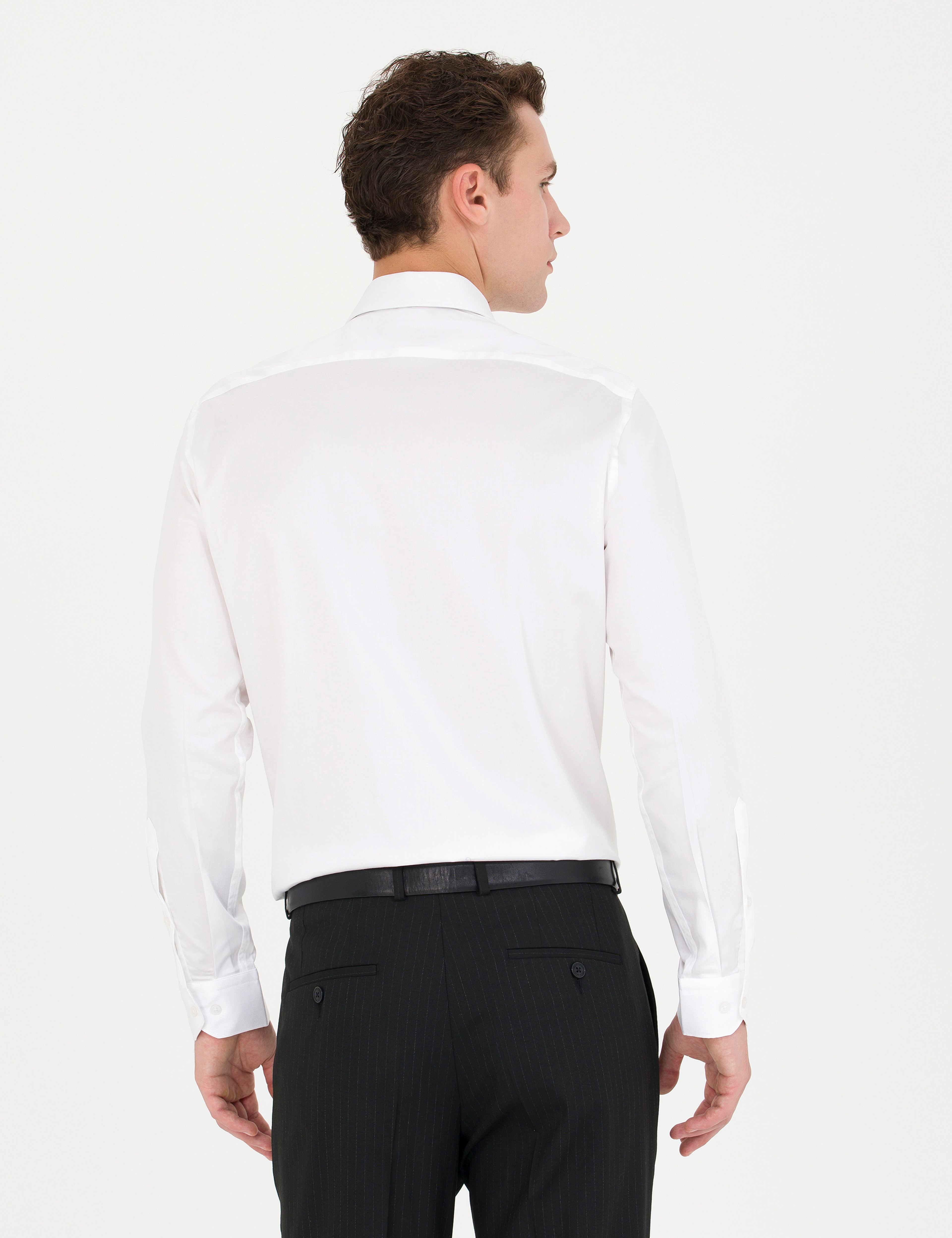Beyaz %100 Pamuk Parlak Saten Slim Fit Uzun Kollu Basic Gömlek - Image 5
