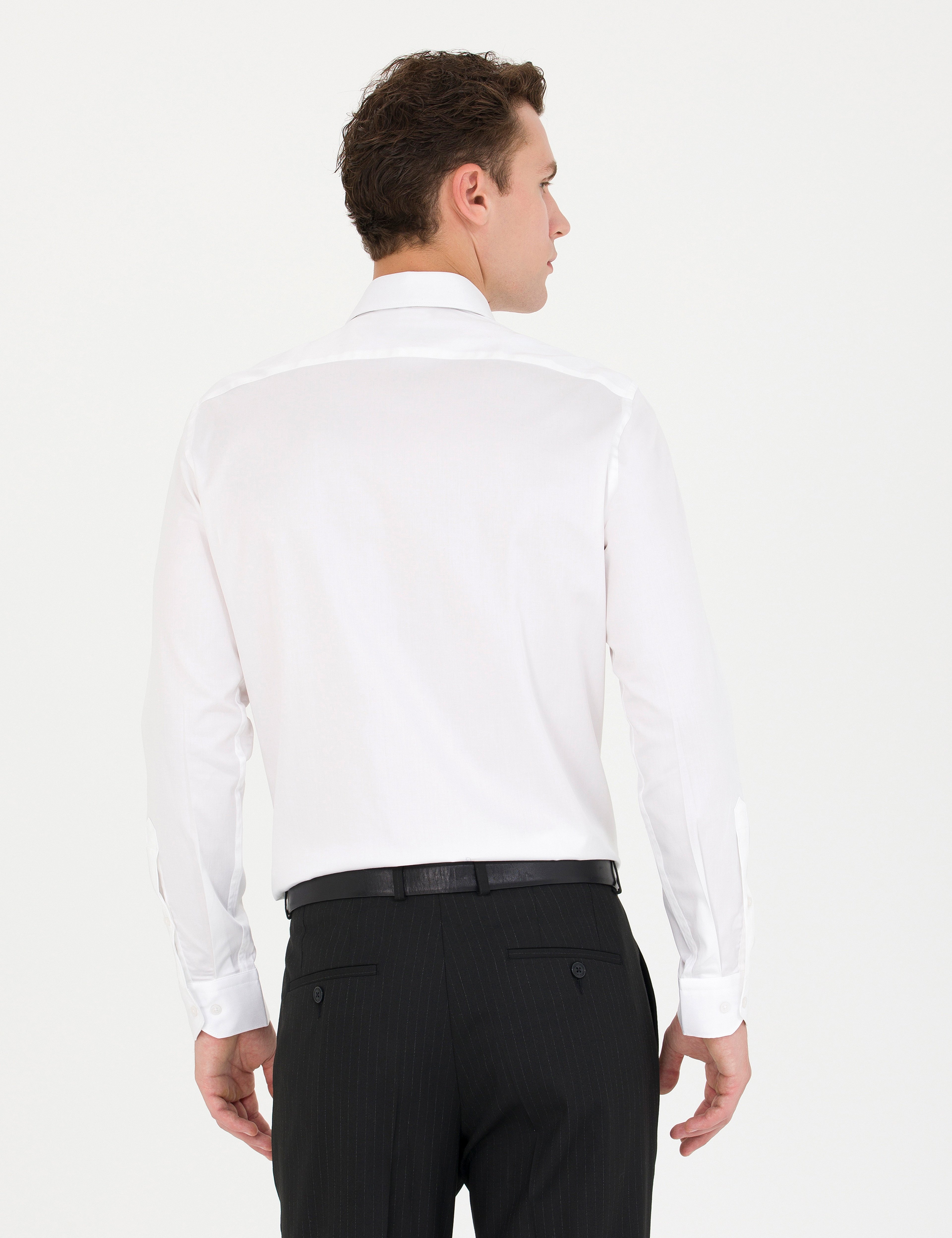 Beyaz %100 Pamuk Parlak Saten Slim Fit Uzun Kollu Basic Gömlek