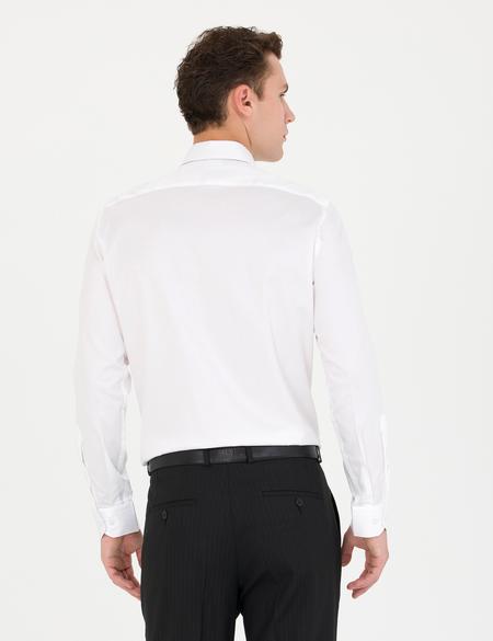Beyaz Parlak Saten Slim Fit Uzun Kollu Basic Gömlek - 50277147017