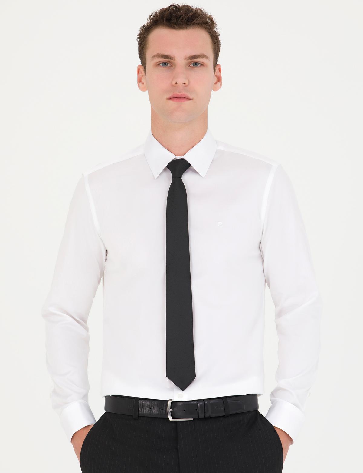 Beyaz Parlak Saten Slim Fit Uzun Kollu Basic Gömlek - 50277147017