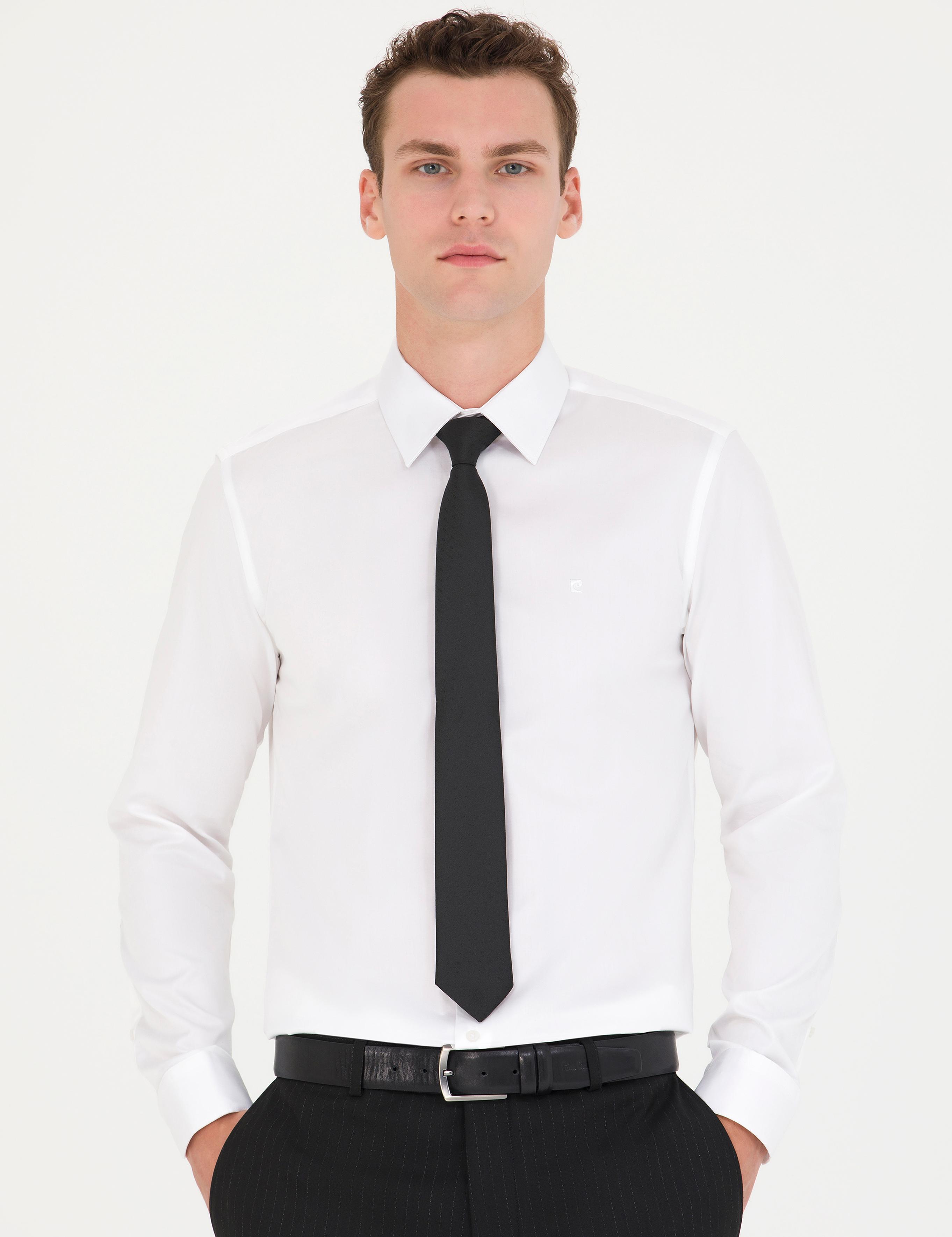 Beyaz Parlak Saten Slim Fit Uzun Kollu Basic Gömlek