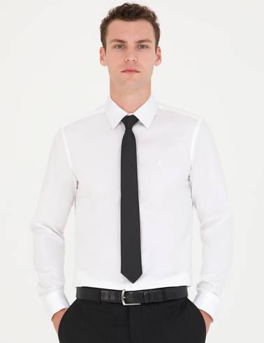Beyaz %100 Pamuk Parlak Saten Slim Fit Uzun Kollu Basic Gömlek