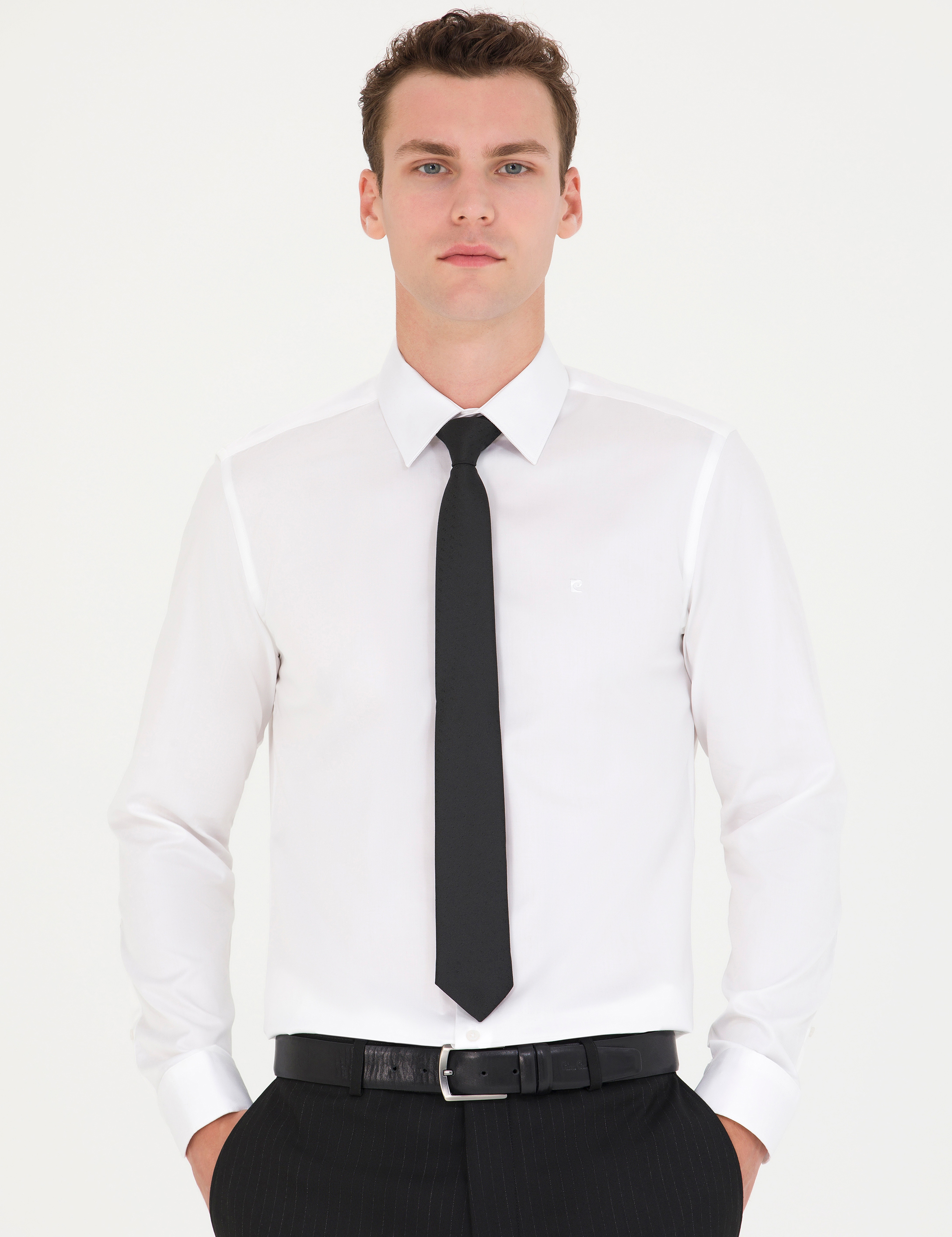 Beyaz %100 Pamuk Parlak Saten Slim Fit Uzun Kollu Basic Gömlek - Image 3